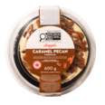 Longo&rsquo;s caramel pecan cheesecake in clear container with caramel drizzle and pecans, labeled 600g, product packaging top view
